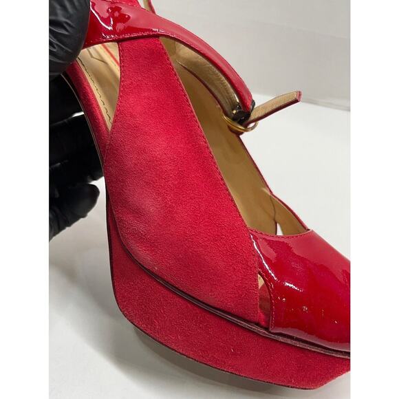 Authentic Yves Saint Laurent Red Platform Slingback Patent Suede Heels Size 39.5 - Picture 5 of 10